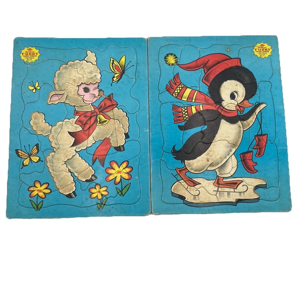 Vintage Lot of 2 Built-Rite Puzzles Sta-N-Place Furry Inlaid Tray Puzzles No 127